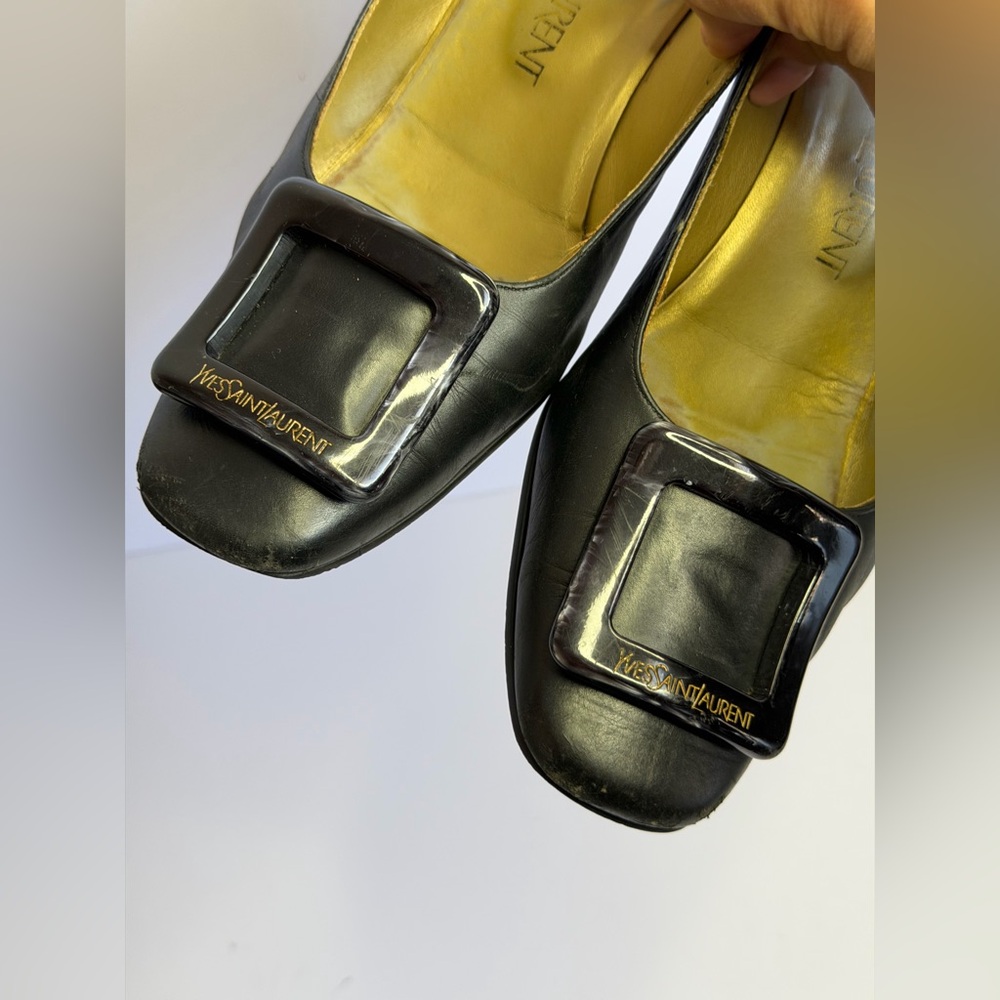 Yves Saint Laurent Black Leather Square-bow Block Heel Pumps Size 37 - Picture 7 of 11